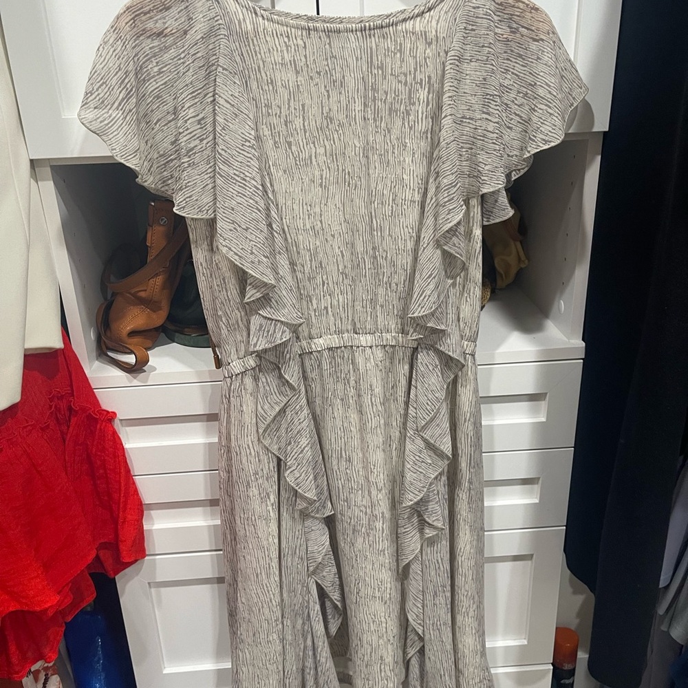 BCBG Gray Ruffled Tie Front Midi Dress